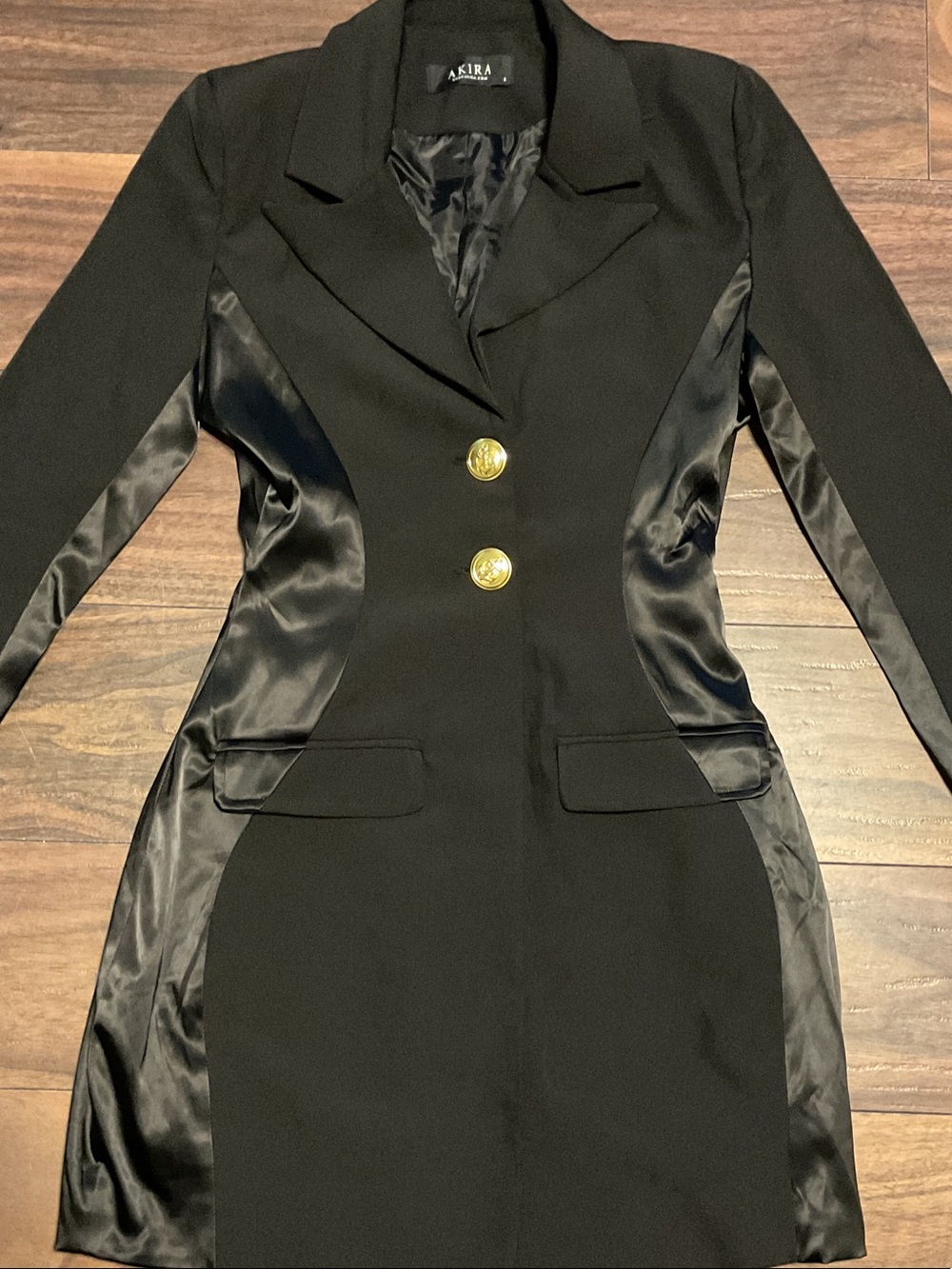 AKIRA Black Satin-Panel Blazer with Gold Buttons